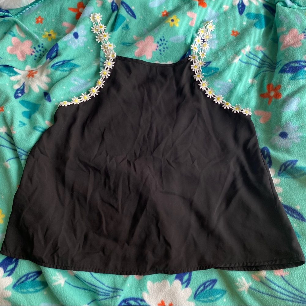 Lily White Juniors Large Floral Embroidered Strap Black Tank Top